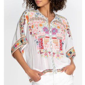 Johnny Was Embroidered Kimono-Sleeve Blouse Size-XL White